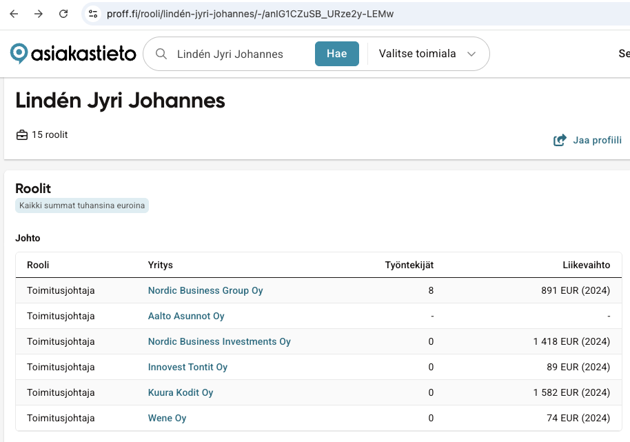 Jyri Lindén - yritysyhteydet (Proff.fi)