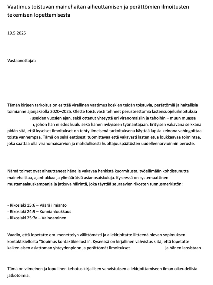 Vaatimuskirje sivu 1