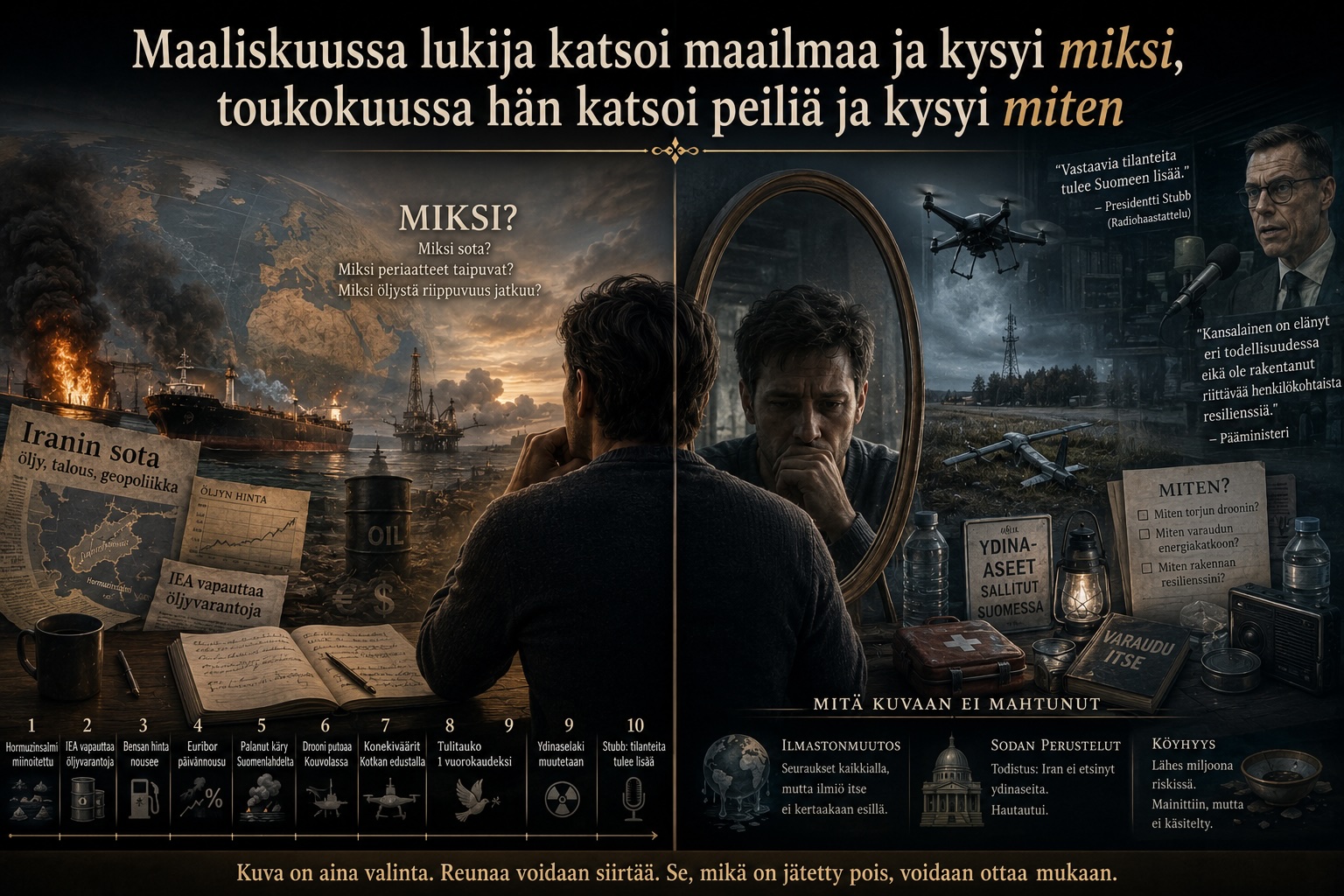 Maaliskuussa lukija katsoi maailmaa ja kysyi miksi, toukokuussa hän katsoi peiliä ja kysyi miten