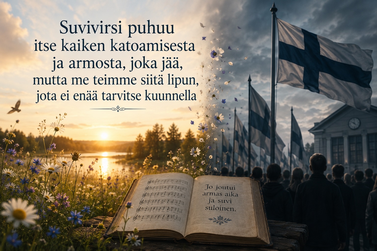 Suvivirsi puhuu itse kaiken katoamisesta ja armosta, joka jää, mutta me teimme siitä lipun, jota ei enää tarvitse kuunnella