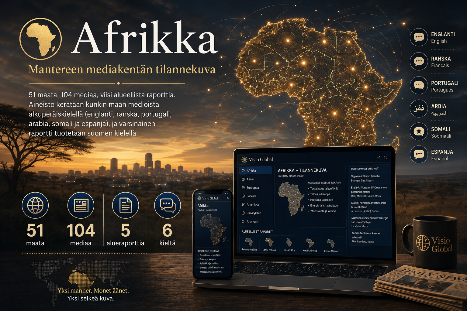 Afrikka: mantereen mediakentän tilannekuva. 51 maata, 104 mediaa, viisi alueellista raporttia, kuusi kieltä: englanti, ranska, portugali, arabia, somali ja espanja.