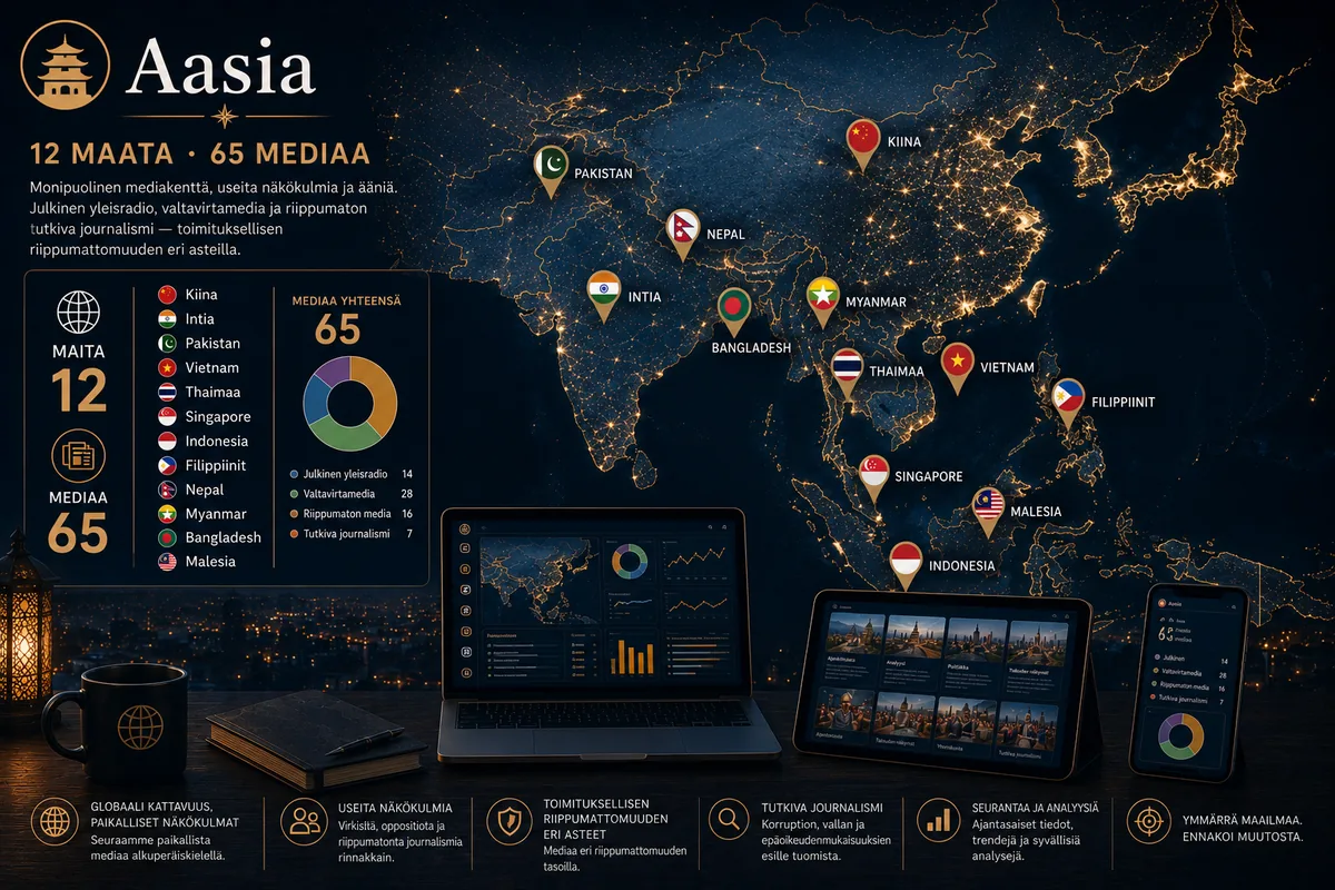 Aasia — Kiina, Intia, Pakistan, Vietnam, Thaimaa, Singapore, Indonesia, Filippiinit, Nepal, Myanmar, Bangladesh, Malesia: 65 mediaa 12 maasta