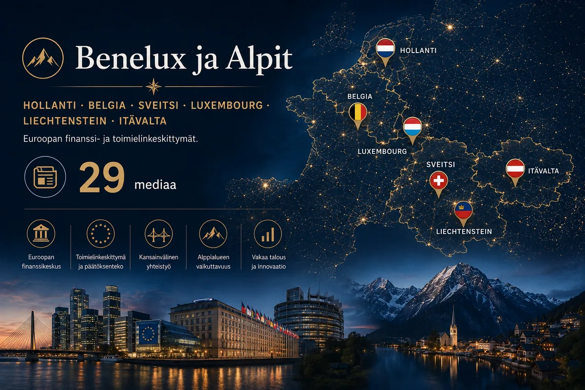 Benelux + Alpit — Hollanti, Belgia, Sveitsi, Luxembourg, Liechtenstein, Itävalta: 29 mediaa