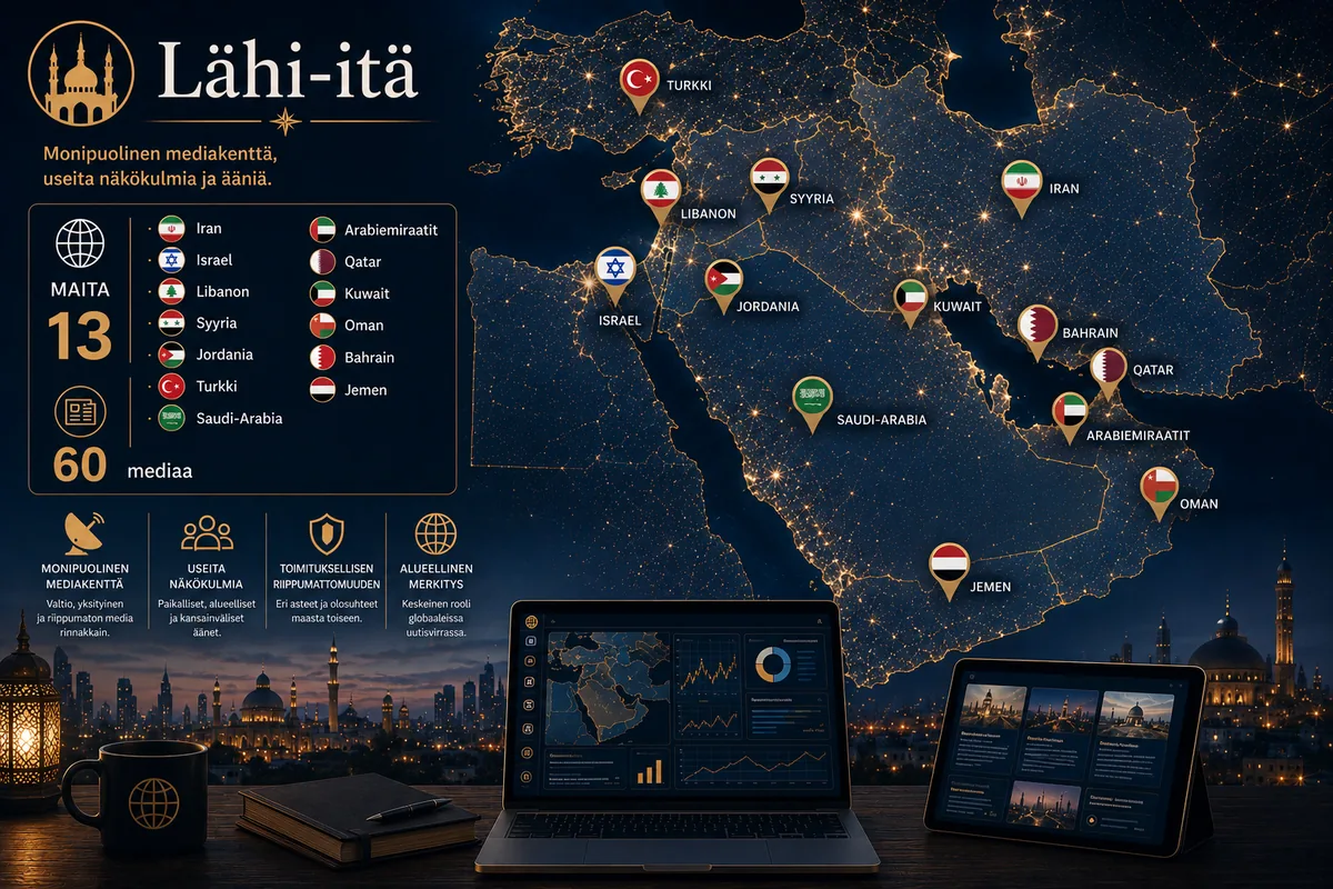 Lähi-itä — Iran, Israel, Libanon, Syyria, Jordania, Turkki, GCC-maat, Jemen: 60 mediaa 13 maasta