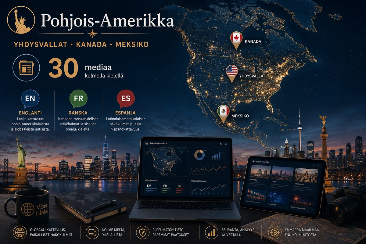 Pohjois-Amerikka — Yhdysvallat, Kanada, Meksiko: 30 mediaa kolmella kielellä